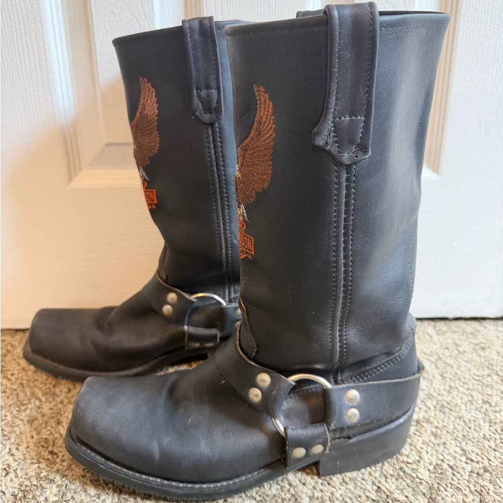 Harley-Davidson Embroidered Eagle Black Leather Men's Boots 8 - Picture 3 of 6